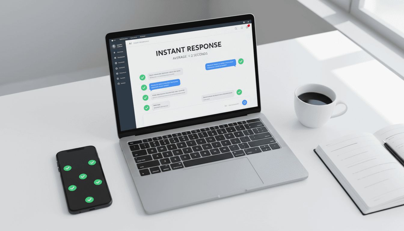 Laptop affichant une interface de chat IA avec réponses instantanées aux demandes des clients